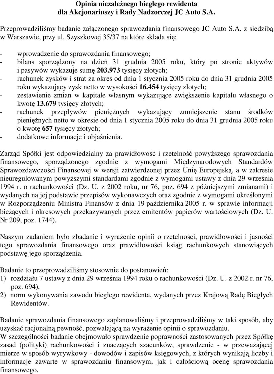973 tysięcy złotych; - rachunek zysków i strat za okres od dnia 1 stycznia 2005 roku do dnia 31 grudnia 2005 roku wykazujący zysk netto w wysokości 16.