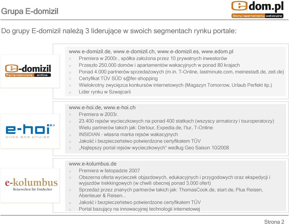 de, zeit.de) Certyfikat TÜV SÜD s@fer-shopping Wielokrotny zwycięzca konkursów internetowych (Magazyn Tomorrow, Urlaub Perfekt itp.) Lider rynku w Szwajcarii www.e-hoi.de, www.e-hoi.ch Premiera w 2003r.