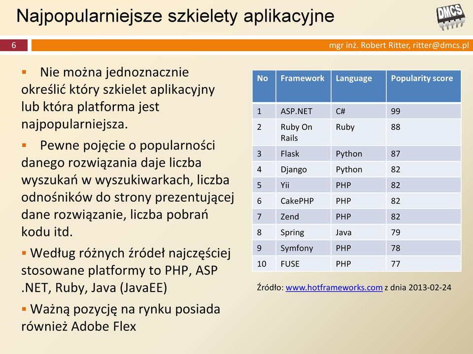 Według różnych źródeł najczęściej stswane platfrmy t PHP, ASP.NET, Ruby, Java (JavaEE) Ważną pzycję na rynku psiada również Adbe Flex N Framewrk Language Ppularity scre 1 ASP.