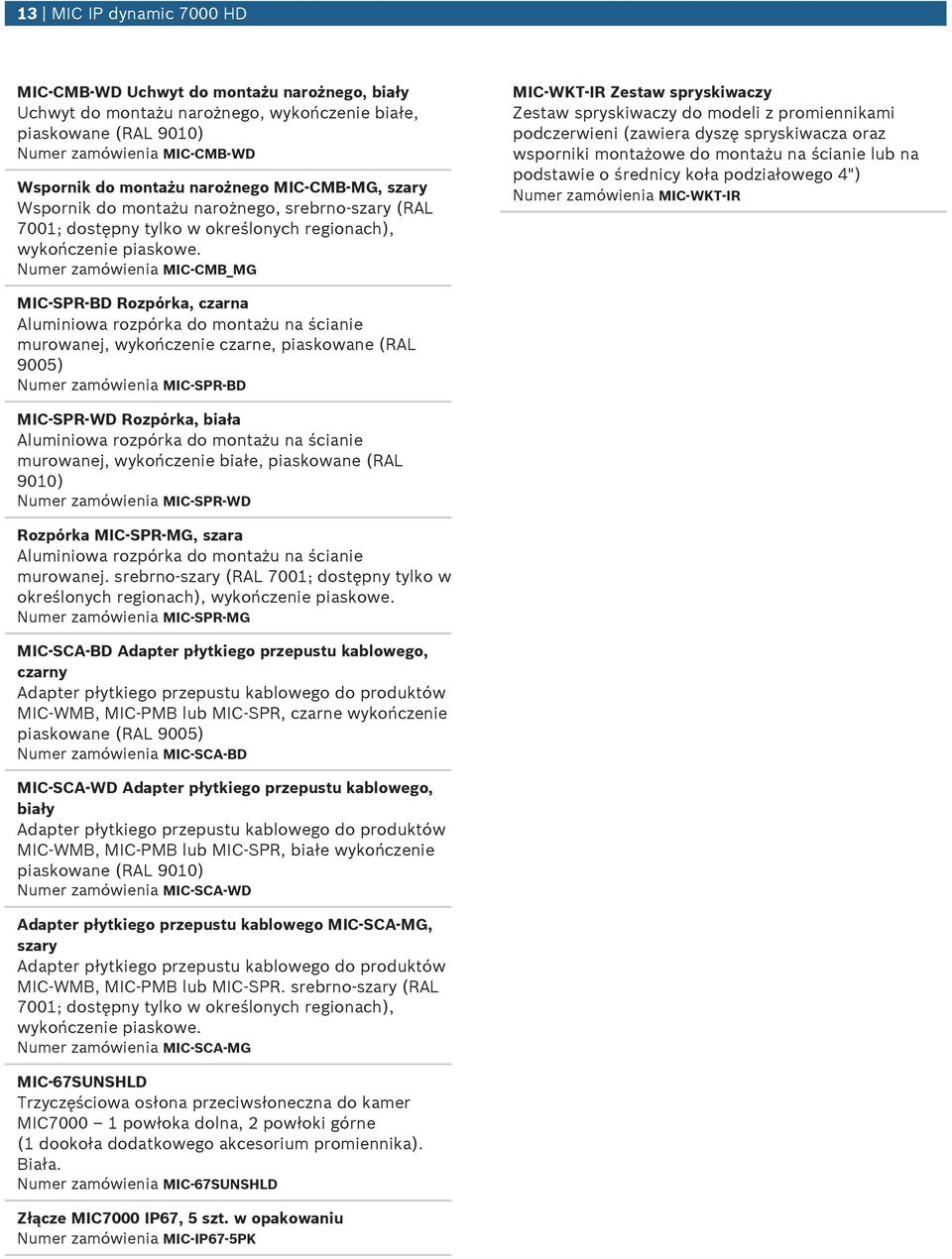 Numer zamówienia MIC-CMB_MG MIC-WKT-IR Zestaw spryskiwaczy Zestaw spryskiwaczy do modeli z promiennikami podczerwieni (zawiera dyszę spryskiwacza oraz wsporniki montażowe do montażu na ścianie lub na