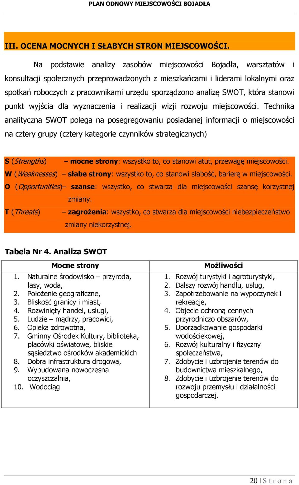 analizę SWOT, która stanowi punkt wyjścia dla wyznaczenia i realizacji wizji rozwoju miejscowości.