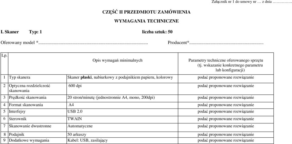 .. lub konfiguracji) 1 Typ skanera Skaner płaski, nabiurkowy z podajnikiem papieru, kolorowy 2 Optyczna rozdzielczość