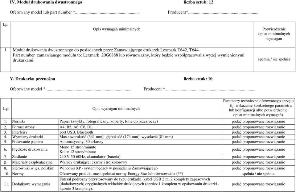 Part number zamawianego modułu to: Lexmark 20G0888 lub równowaŝny, który będzie współpracował z wyŝej wymienionymi drukarkami. spełnia / nie spełnia V.