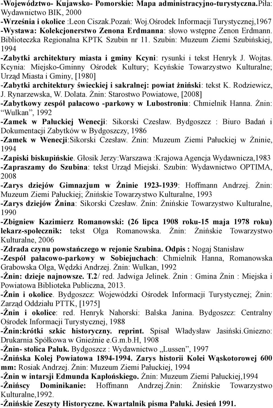 Szubin: Muzeum Ziemi Szubińskiej, 1994 -Zabytki architektury miasta i gminy Kcyni: rysunki i tekst Henryk J. Wojtas.