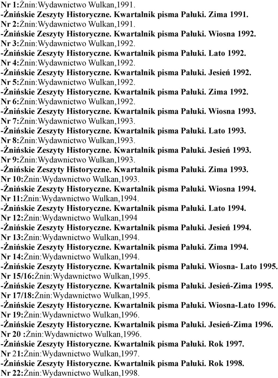 Nr 5:Żnin:Wydawnictwo Wulkan,1992. -Żnińskie Zeszyty Historyczne. Kwartalnik pisma Pałuki. Zima 1992. Nr 6:Żnin:Wydawnictwo Wulkan,1992. -Żnińskie Zeszyty Historyczne. Kwartalnik pisma Pałuki. Wiosna 1993.