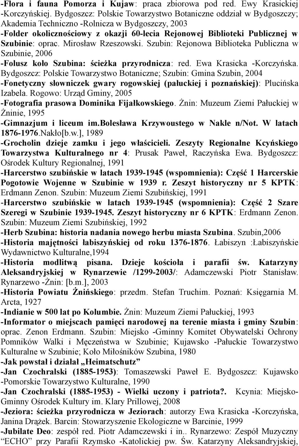 oprac. Mirosław Rzeszowski. Szubin: Rejonowa Biblioteka Publiczna w Szubinie, 2006 -Folusz koło Szubina: ścieżka przyrodnicza: red. Ewa Krasicka -Korczyńska.