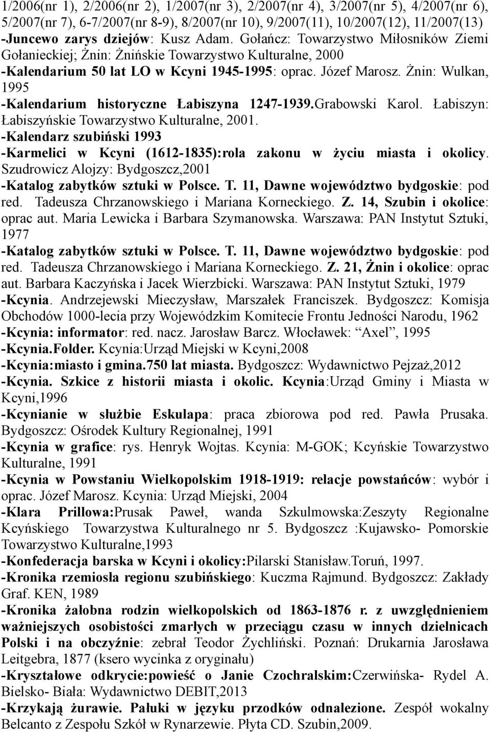 Żnin: Wulkan, 1995 -Kalendarium historyczne Łabiszyna 1247-1939.Grabowski Karol. Łabiszyn: Łabiszyńskie Towarzystwo Kulturalne, 2001.