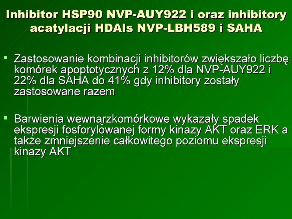 SAHA do 41% gdy inhibitory zostały zastosowane razem Barwienia wewnąrzkomórkowe wykazały spadek