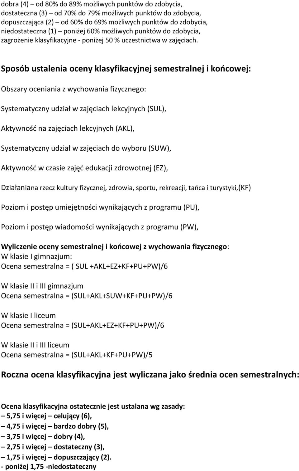 Systematyczny udział w zajęciach do wyboru (SUW), Aktywność w czasie zajęć edukacji zdrowotnej (EZ), Działaniana rzecz kultury fizycznej, zdrowia, sportu, rekreacji, tańca i turystyki,(kf) Poziom i