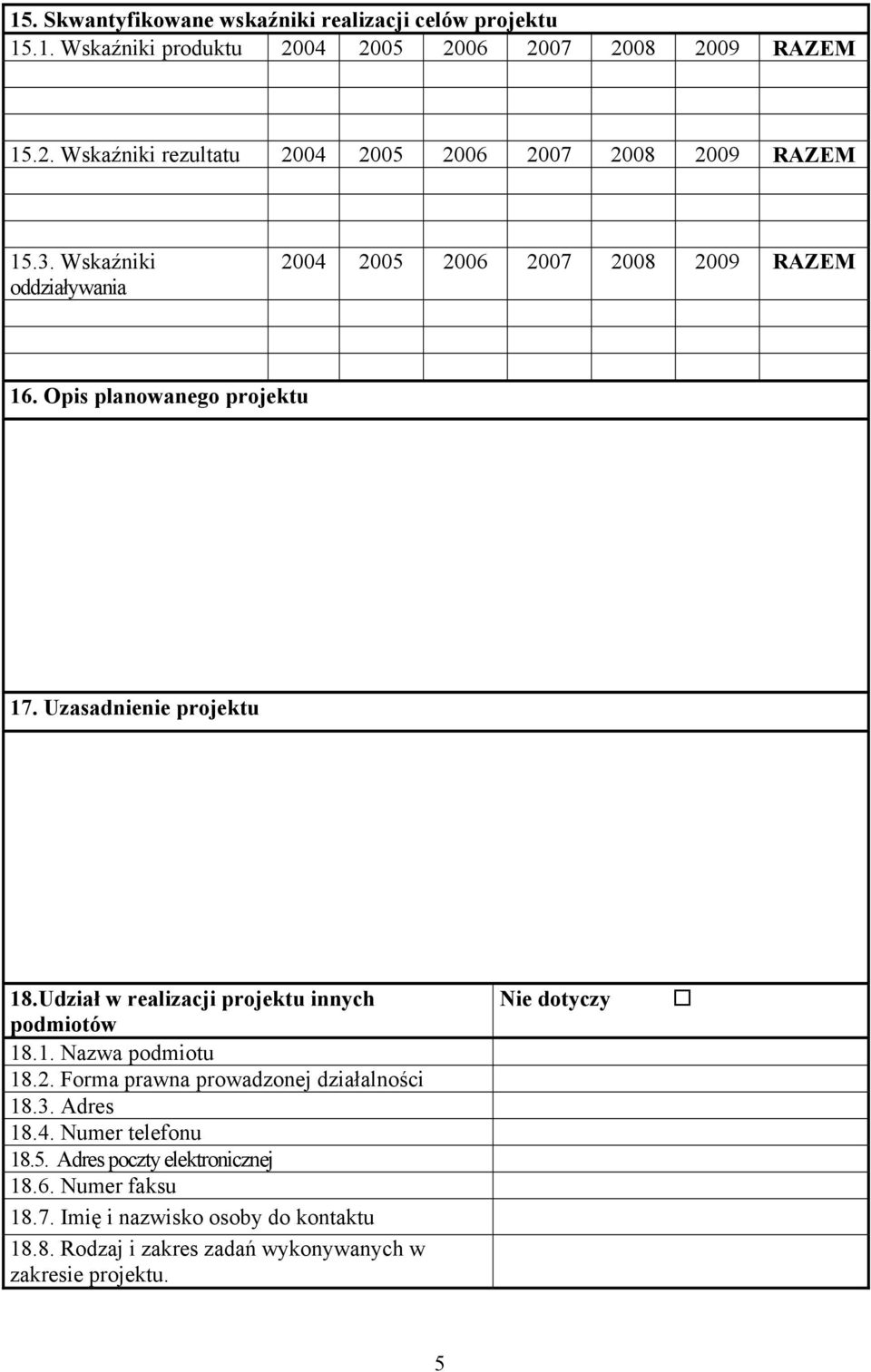 Udział w realizacji projektu innych podmiotów 18.1. Nazwa podmiotu 18.2. Forma prawna prowadzonej działalności 18.3. Adres 18.4. Numer telefonu 18.5.