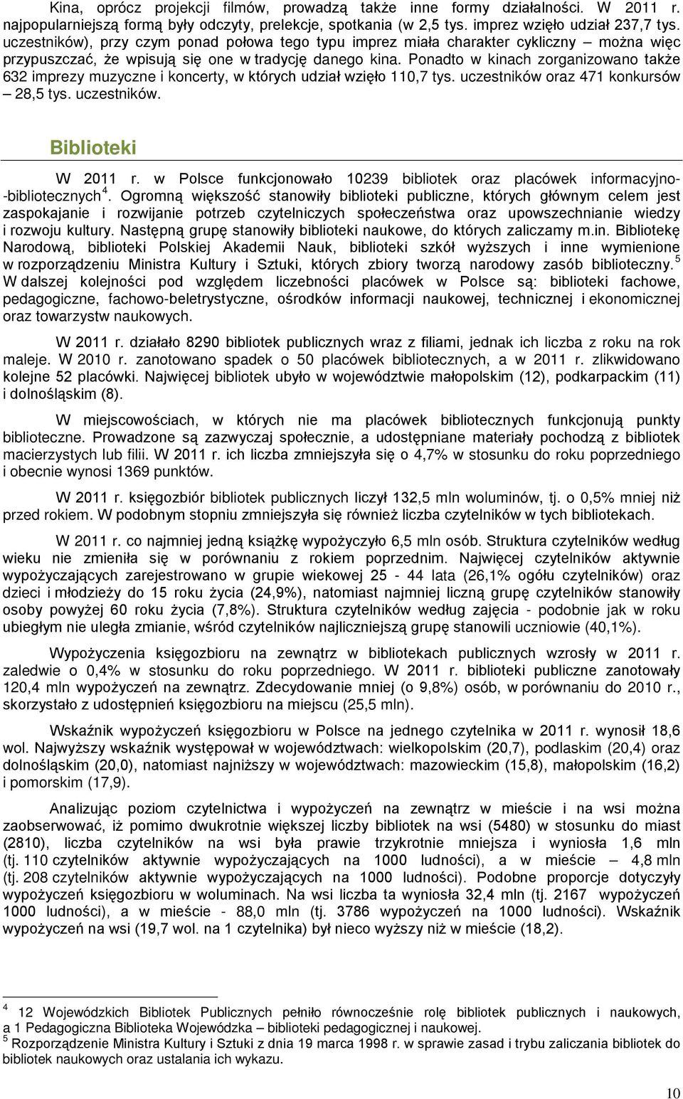 Ponadto w kinach zorganizowano także 632 imprezy muzyczne i koncerty, w których udział wzięło 11,7 tys. uczestników oraz 471 konkursów 28,5 tys. uczestników. Biblioteki W 211 r.