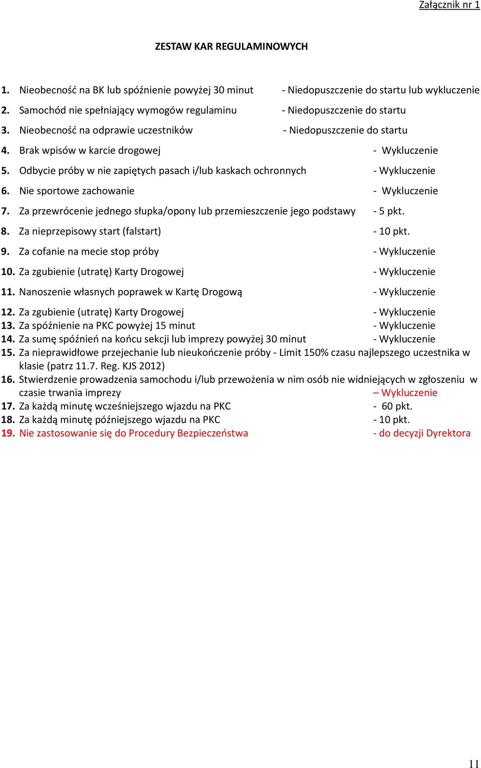 Odbycie próby w nie zapiętych pasach i/lub kaskach ochronnych - Wykluczenie 6. Nie sportowe zachowanie - Wykluczenie 7. Za przewrócenie jednego słupka/opony lub przemieszczenie jego podstawy - 5 pkt.