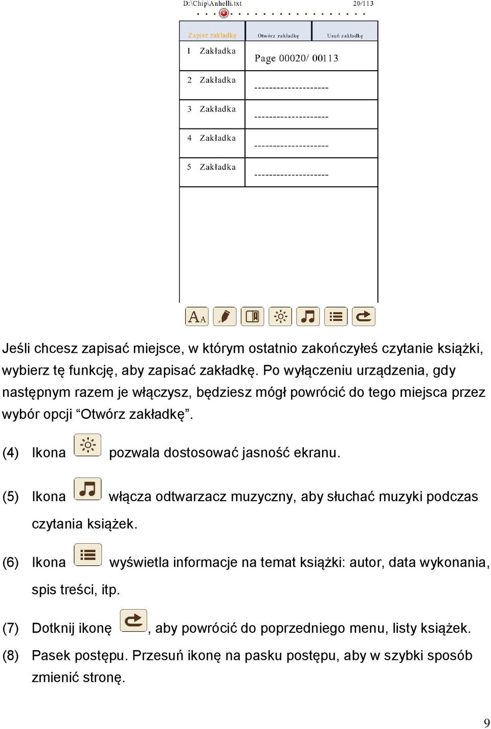 (4) Ikona pozwala dostosować jasność ekranu. (5) Ikona włącza odtwarzacz muzyczny, aby słuchać muzyki podczas czytania książek.