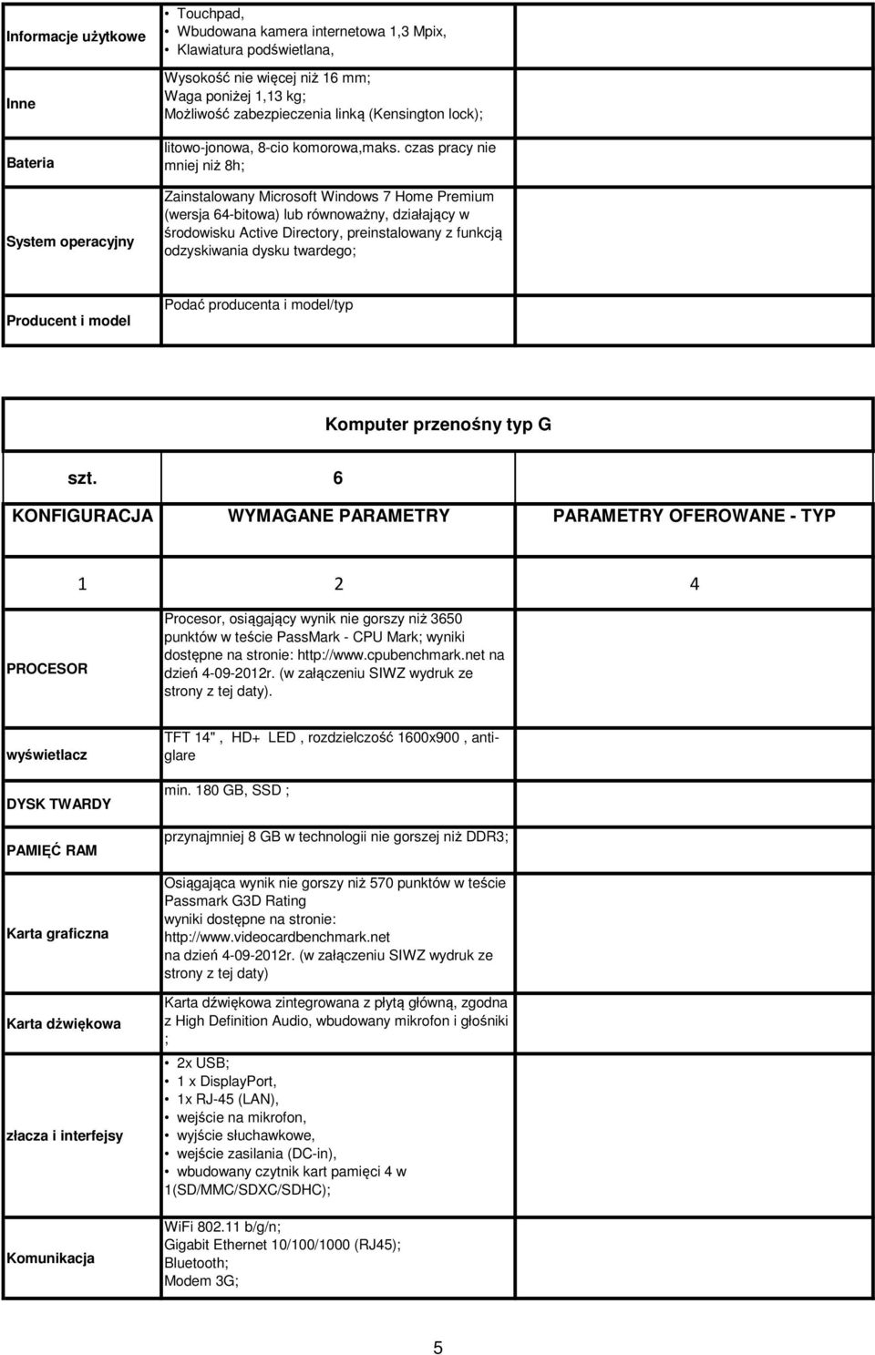 czas pracy nie mniej niż 8h; Zainstalowany Microsoft Windows 7 Home Premium (wersja 64-bitowa) lub równoważny, działający w środowisku Active Directory, preinstalowany z funkcją odzyskiwania dysku