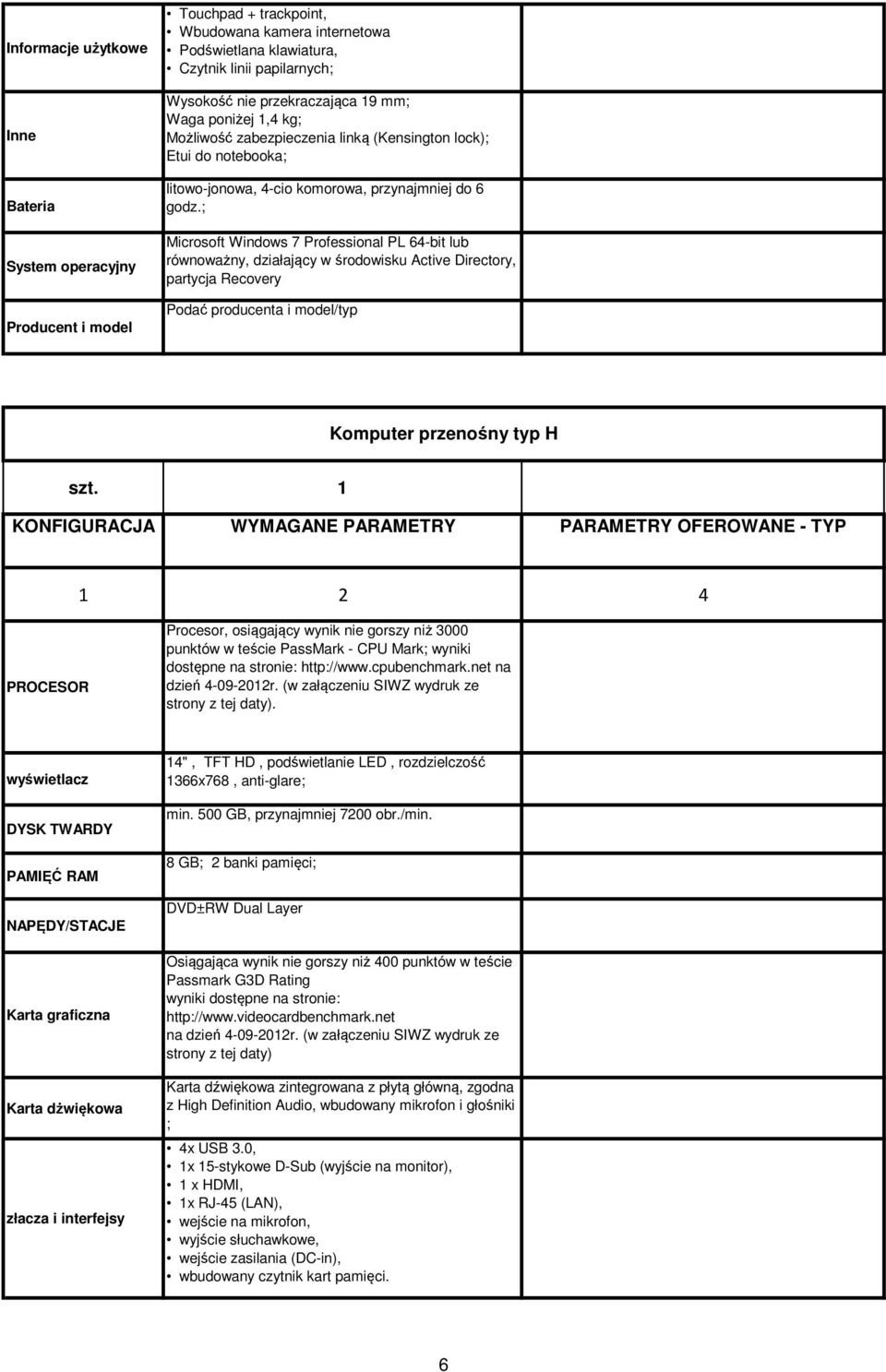 ; Microsoft Windows 7 Professional PL 64-bit lub równoważny, działający w środowisku Active Directory, partycja Recovery Komputer przenośny typ H szt.