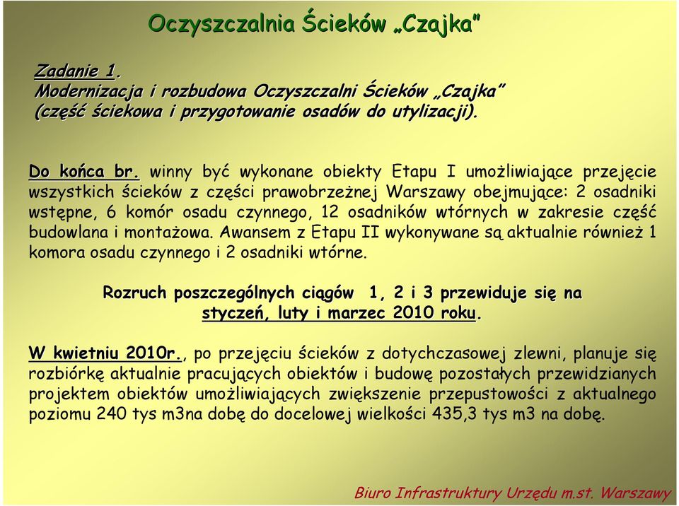 część budowlana i montażowa. Awansem z Etapu II wykonywane są aktualnie również 1 komora osadu czynnego i 2 osadniki wtórne.