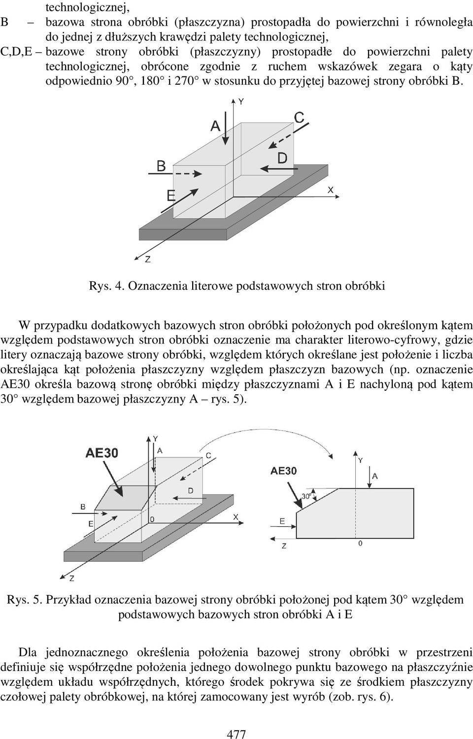 Oznaczenia literowe podstawowych stron obróbki W przypadku dodatkowych bazowych stron obróbki położonych pod określonym kątem względem podstawowych stron obróbki oznaczenie ma charakter