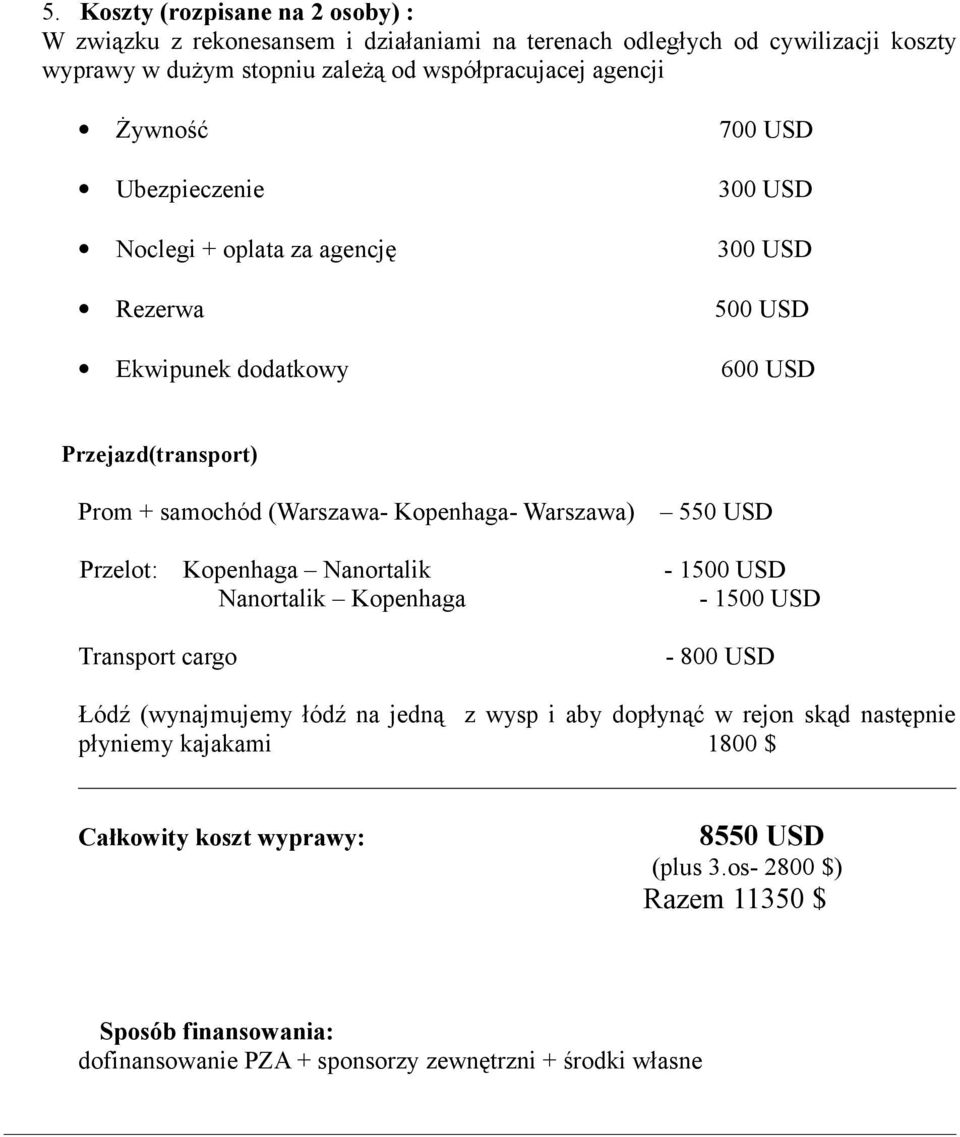 Warszawa) 550 USD Przelot: Kopenhaga Nanortalik Nanortalik Kopenhaga Transport cargo - 1500 USD - 1500 USD - 800 USD Łódź (wynajmujemy łódź na jedną z wysp i aby dopłynąć w rejon