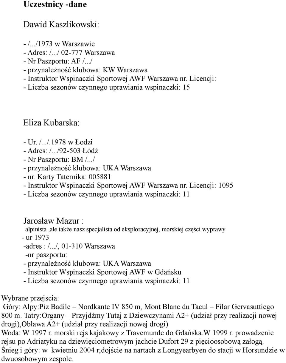 ../92-503 Łódź - Nr Paszportu: BM /.../ - przynależność klubowa: UKA Warszawa - nr. Karty Taternika: 005881 - Instruktor Wspinaczki Sportowej AWF Warszawa nr.