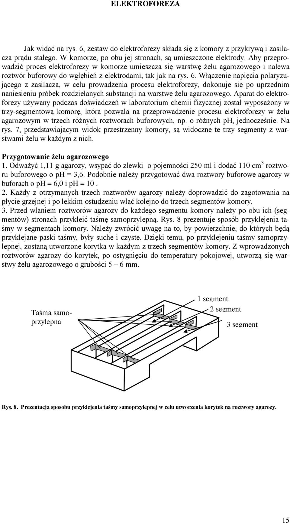 Włączenie napięcia polaryzującego z zasilacza, w celu prowadzenia procesu elektroforezy, dokonuje się po uprzednim naniesieniu próbek rozdzielanych substancji na warstwę żelu agarozowego.