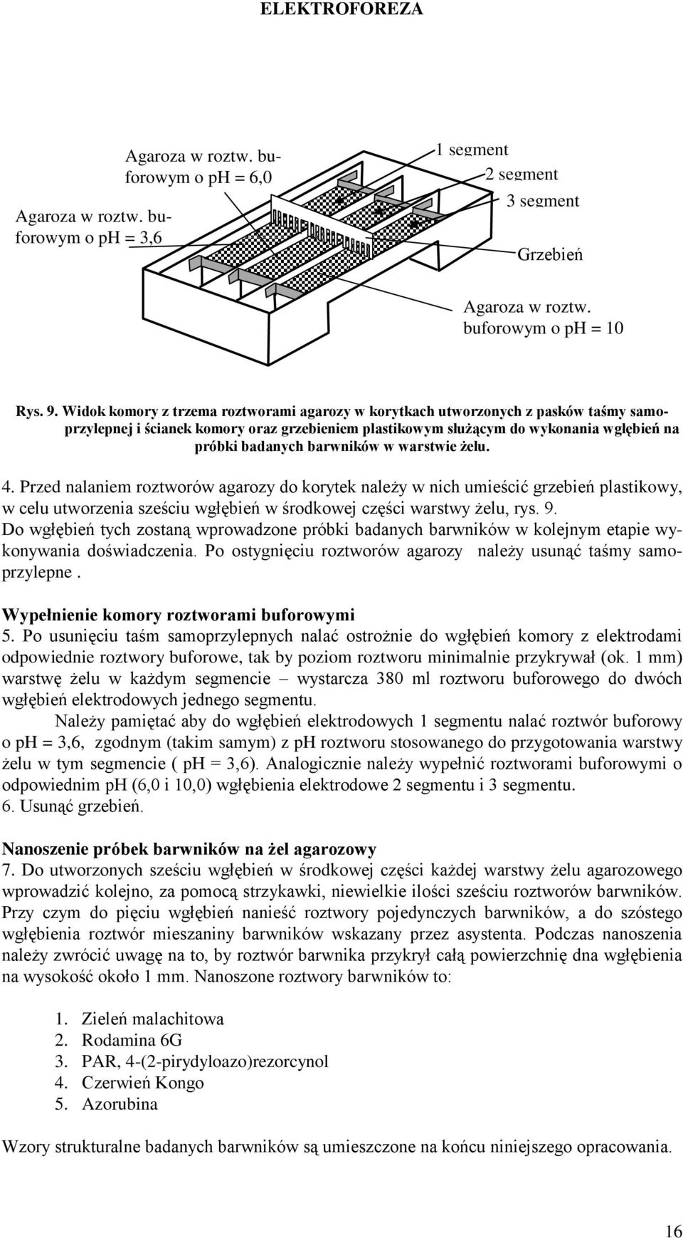 barwników w warstwie żelu. 4. Przed nalaniem roztworów agarozy do korytek należy w nich umieścić grzebień plastikowy, w celu utworzenia sześciu wgłębień w środkowej części warstwy żelu, rys. 9.