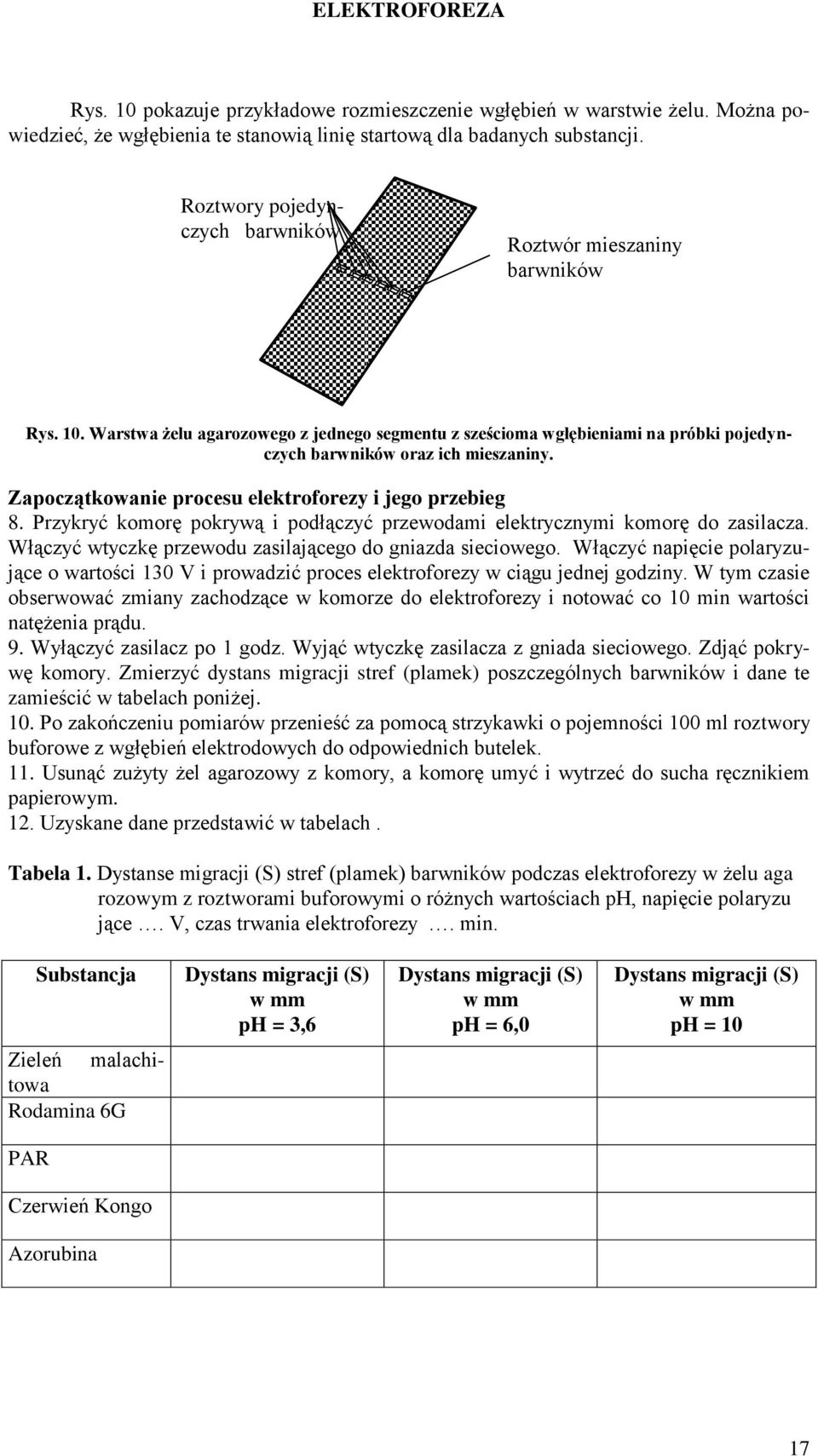 Zapoczątkowanie procesu elektroforezy i jego przebieg 8. Przykryć komorę pokrywą i podłączyć przewodami elektrycznymi komorę do zasilacza. Włączyć wtyczkę przewodu zasilającego do gniazda sieciowego.