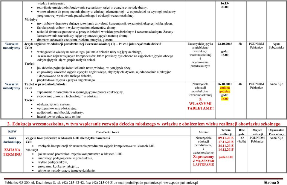 rozwijaniu zmysłów, koncentracji, uważności, ekspresji ciała, głosu, fabularyzacja zabaw z wykorzystaniem elementów dramy, techniki dramowe pomocne w pracy z dziećmi w wieku przedszkolnym i