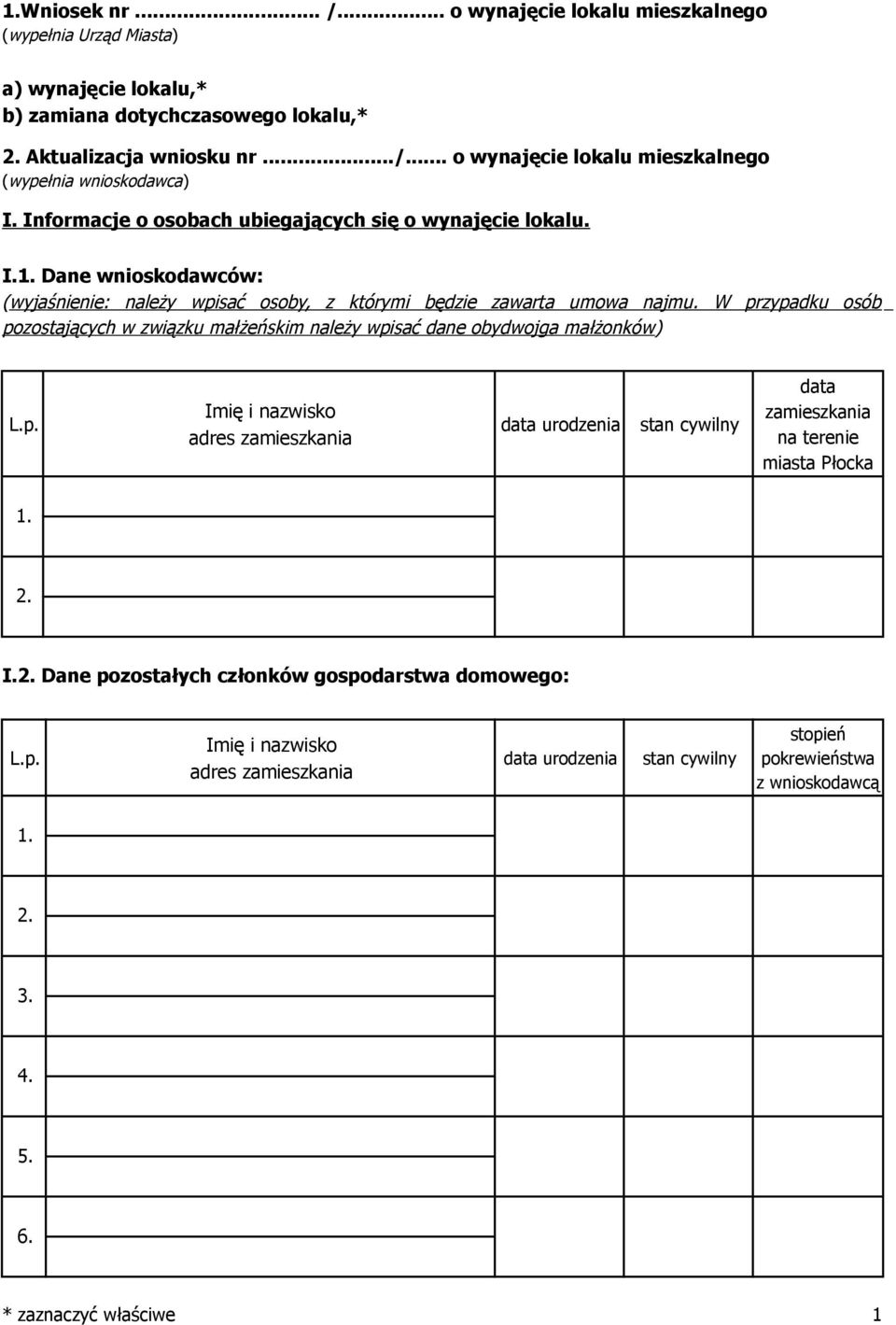 W przypadku osób pozostających w związku małżeńskim należy wpisać dane obydwojga małżonków) L.p. Imię i nazwisko adres zamieszkania data urodzenia stan cywilny data zamieszkania na terenie miasta Płocka 1.