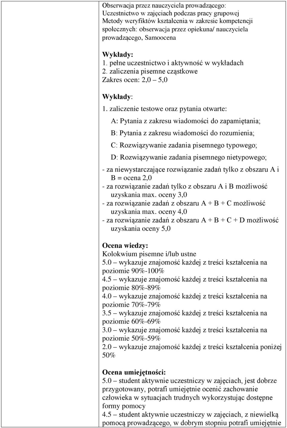 zaliczenie testowe oraz pytania otwarte: A: Pytania z zakresu wiadomości do zapamiętania; B: Pytania z zakresu wiadomości do rozumienia; C: Rozwiązywanie zadania pisemnego typowego; D: Rozwiązywanie