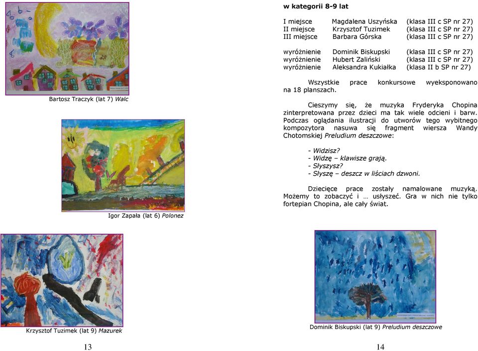 prace konkursowe wyeksponowano Bartosz Traczyk (lat 7) Walc Cieszymy się, że muzyka Fryderyka Chopina zinterpretowana przez dzieci ma tak wiele odcieni i barw.
