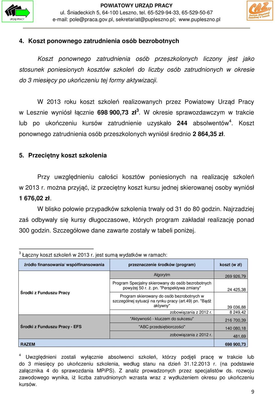 W okresie sprawozdawczym w trakcie lub po ukończeniu kursów zatrudnienie uzyskało 244 absolwentów 4. Koszt ponownego zatrudnienia osób przeszkolonych wyniósł średnio 2 864,35 zł. 5.