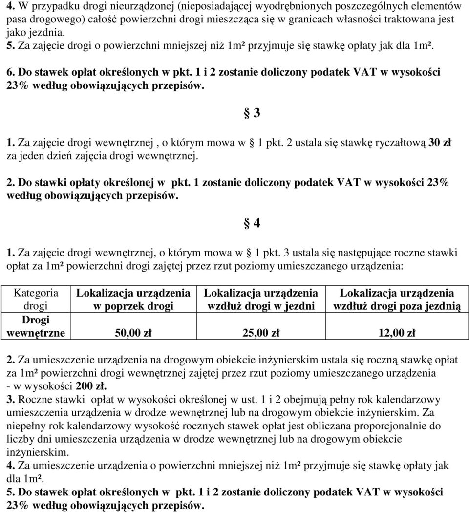 Za zajęcie drogi wewnętrznej, o którym mowa w 1 pkt. 2 ustala się stawkę ryczałtową 30 zł za jeden dzień zajęcia drogi wewnętrznej. 2. Do stawki opłaty określonej w pkt.
