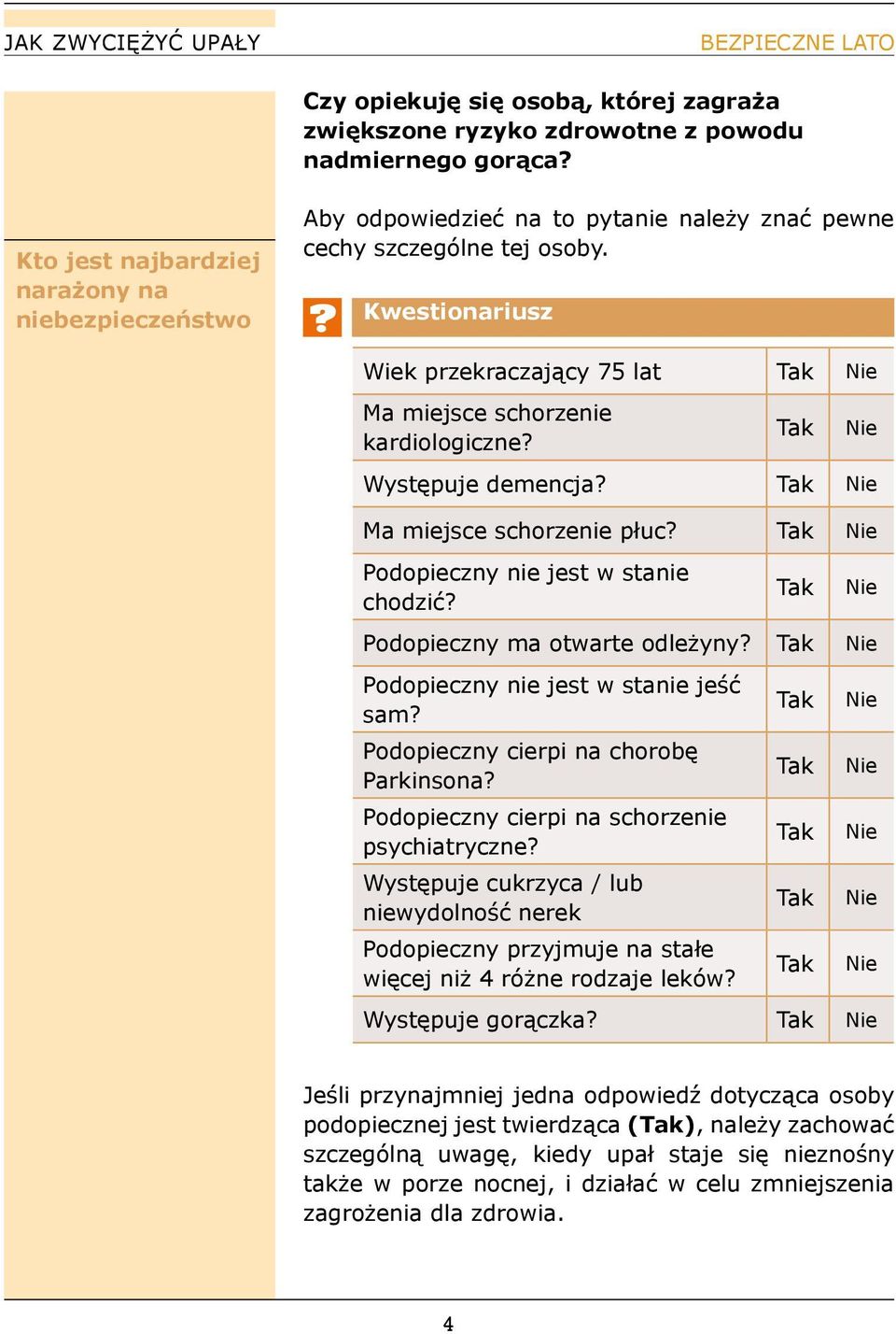 ? Kwestionariusz Wiek przekraczający 75 lat Ma miejsce schorzenie kardiologiczne? Występuje demencja? Ma miejsce schorzenie płuc? Podopieczny nie jest w stanie chodzić?