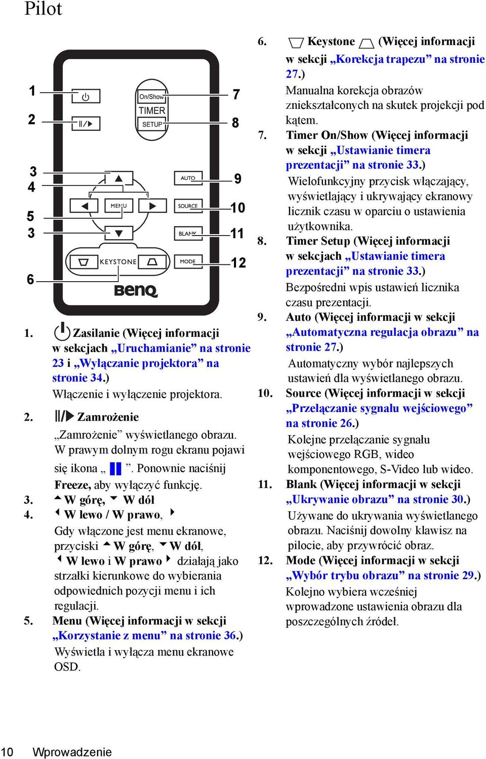 3W lewo / W prawo, 4 Gdy włączone jest menu ekranowe, przyciski 5W górę, 6W dół, 3W lewo i W prawo4 działają jako strzałki kierunkowe do wybierania odpowiednich pozycji menu i ich regulacji. 5. Menu (Więcej informacji w sekcji Korzystanie z menu na stronie 36.