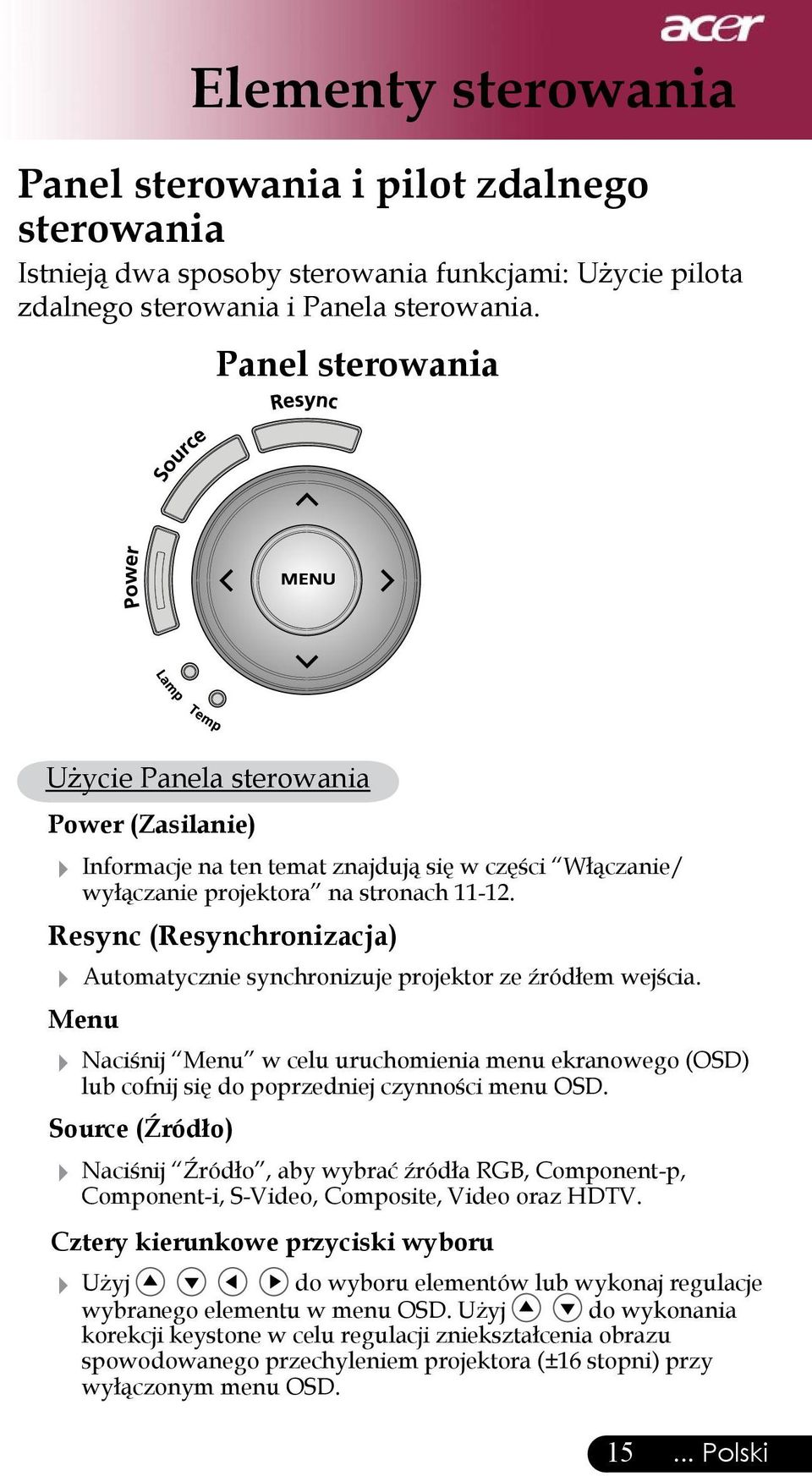 Resync (Resynchronizacja) Automatycznie synchronizuje projektor ze źródłem wejścia. Menu Naciśnij Menu w celu uruchomienia menu ekranowego (OSD) lub cofnij się do poprzedniej czynności menu OSD.