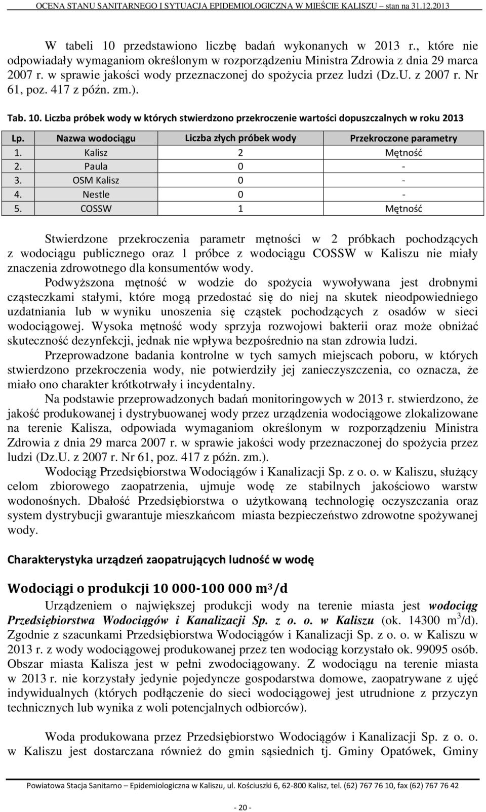 Liczba próbek wody w których stwierdzono przekroczenie wartości dopuszczalnych w roku 2013 Lp. Nazwa wodociągu Liczba złych próbek wody Przekroczone parametry 1. Kalisz 2 Mętność 2. Paula 0-3.