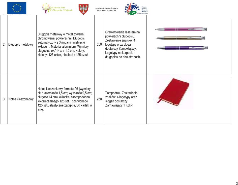 Zestawienie znaków: 4 dostarczy Zamawiający. Logotypy na korpusie długopisu po obu stronach. 3 Notes kieszonkowy Notes kieszonkowy formatu A6 (wymiary ok.