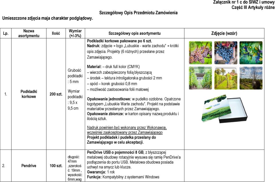 Projekty (6 różnych) przesłane przez Zamawiającego. Zdjęcie (wzór) 1. Podkładki korkowe 200 szt.