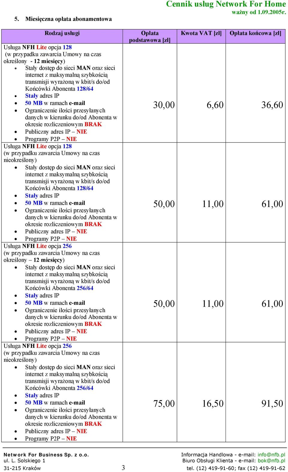 adres IP NIE Programy P2P NIE Usługa NFH Lite opcja 256 Końcówki Abonenta 256/64 50 MB w ramach email Publiczny adres IP NIE Programy P2P NIE Cennik usług Network For Home 30,00 6,60