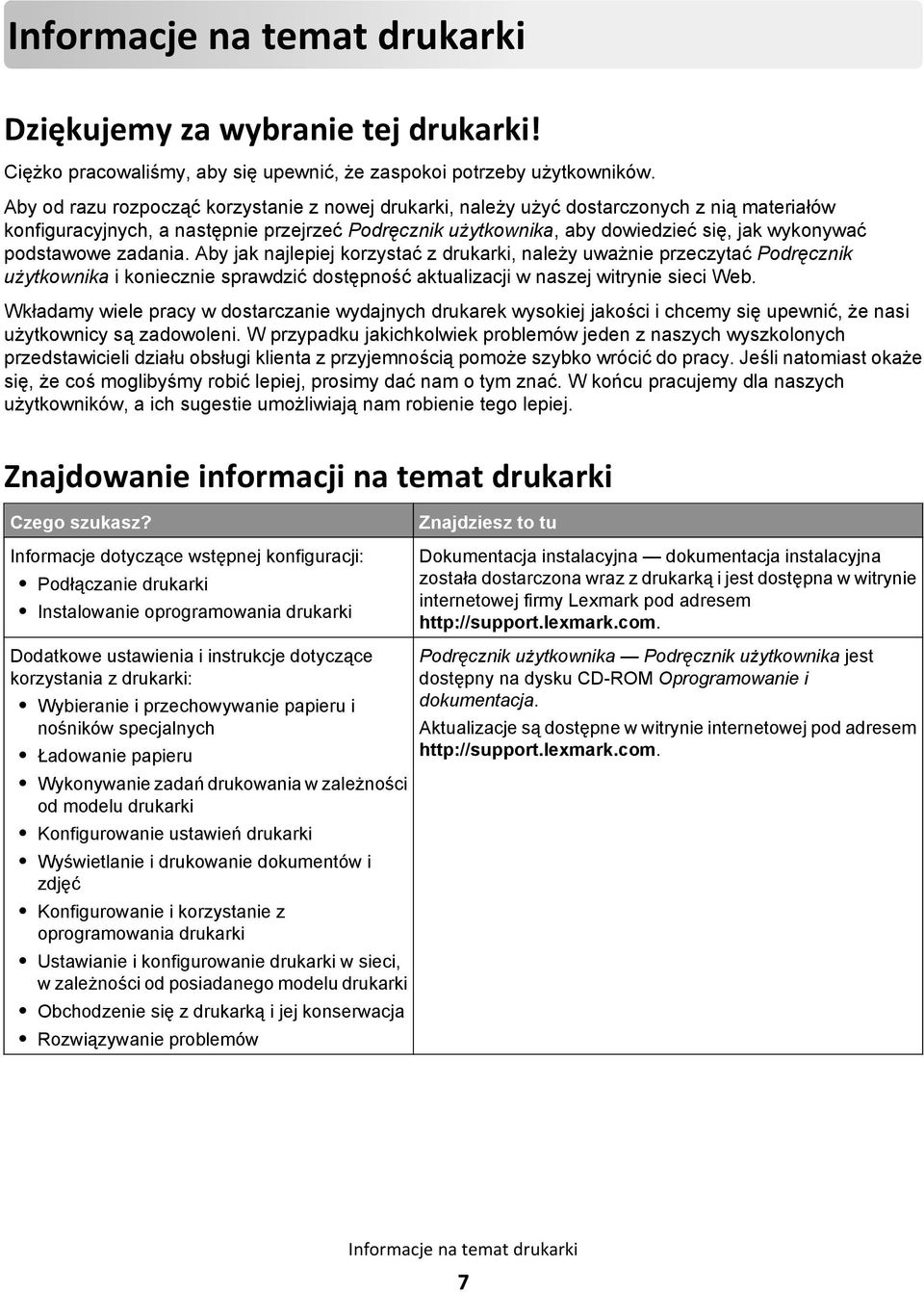 podstawowe zadania. Aby jak najlepiej korzystać z drukarki, należy uważnie przeczytać Podręcznik użytkownika i koniecznie sprawdzić dostępność aktualizacji w naszej witrynie sieci Web.