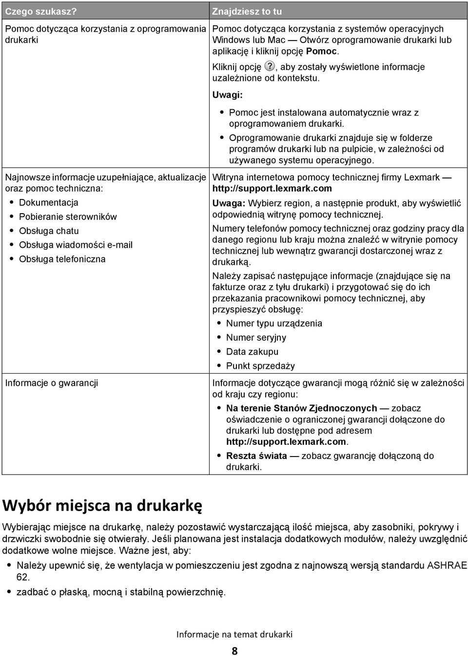 Pomoc. Kliknij opcję?, aby zostały wyświetlone informacje uzależnione od kontekstu. Pomoc jest instalowana automatycznie wraz z oprogramowaniem drukarki.