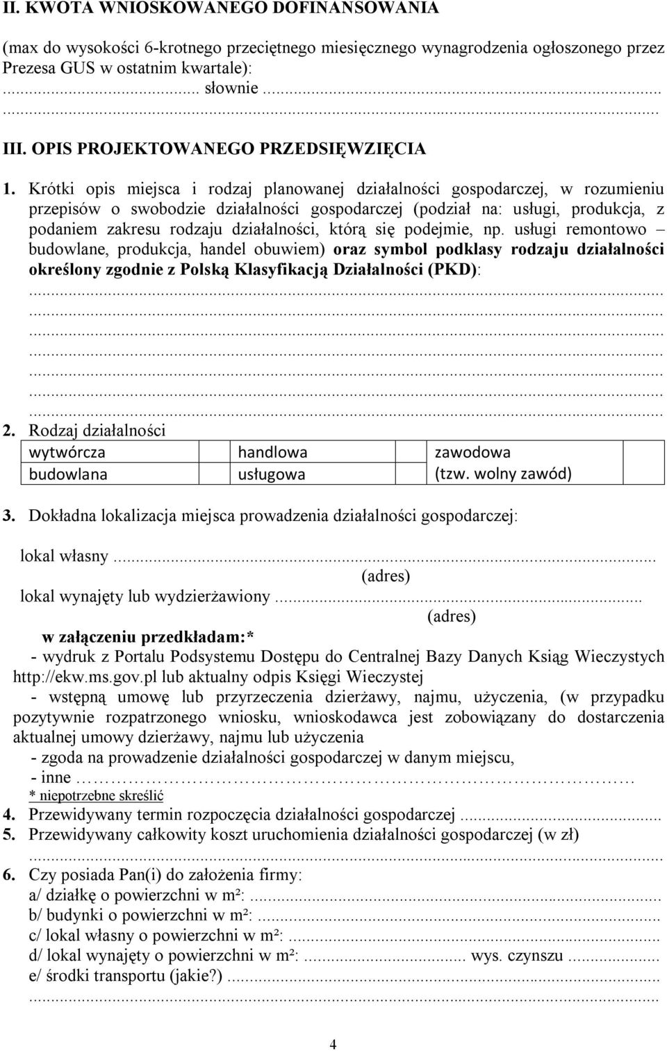 Krótki opis miejsca i rodzaj planowanej działalności gospodarczej, w rozumieniu przepisów o swobodzie działalności gospodarczej (podział na: usługi, produkcja, z podaniem zakresu rodzaju