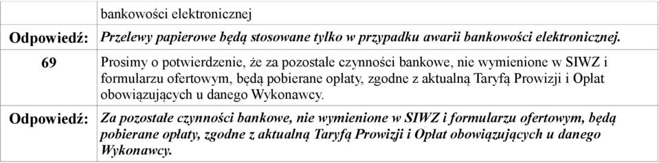 opłaty, zgodne z aktualną Taryfą Prowizji i Opłat obowiązujących u danego Wykonawcy.