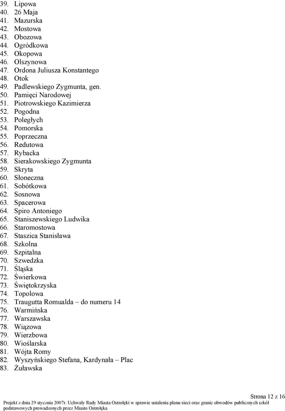 Sobótkowa 62. Sosnowa 63. Spacerowa 64. Spiro Antoniego 65. Staniszewskiego Ludwika 66. Staromostowa 67. Staszica Stanisława 68. Szkolna 69. Szpitalna 70. Szwedzka 71. Śląska 72. Świerkowa 73.