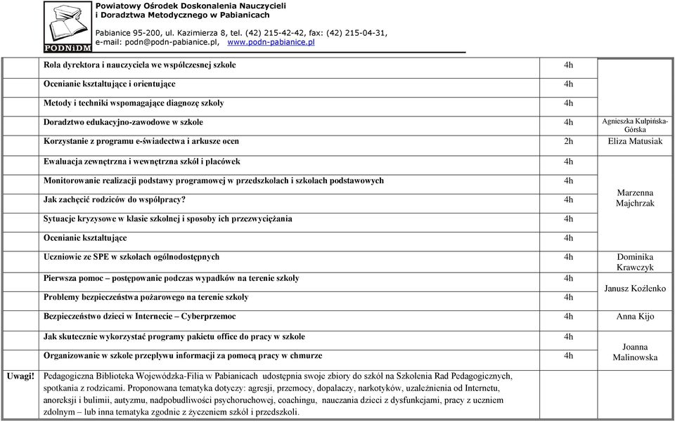 edukacyjno-zawodowe w szkole Agnieszka Kulpińska- Górska Korzystanie z programu e-świadectwa i arkusze ocen 2h Eliza Matusiak Ewaluacja zewnętrzna i wewnętrzna i placówek Monitorowanie realizacji