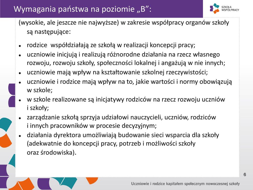 uczniowie i rodzice mają wpływ na to, jakie wartości i normy obowiązują w szkole; w szkole realizowane są inicjatywy rodziców na rzecz rozwoju uczniów i szkoły; zarządzanie szkołą sprzyja udziałowi