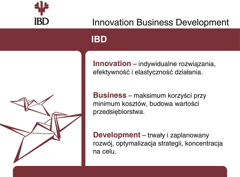 Business maksimum korzyści przy minimum kosztów, budowa