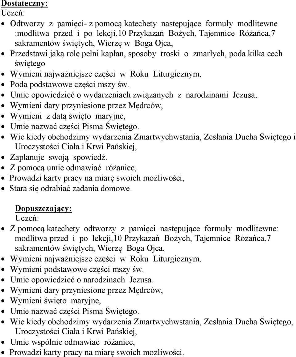 Umie opowiedzieć o wydarzeniach związanych z narodzinami Jezusa. Wymieni dary przyniesione przez Mędrców, Wymieni z datą święto maryjne, Umie nazwać części Pisma Świętego.