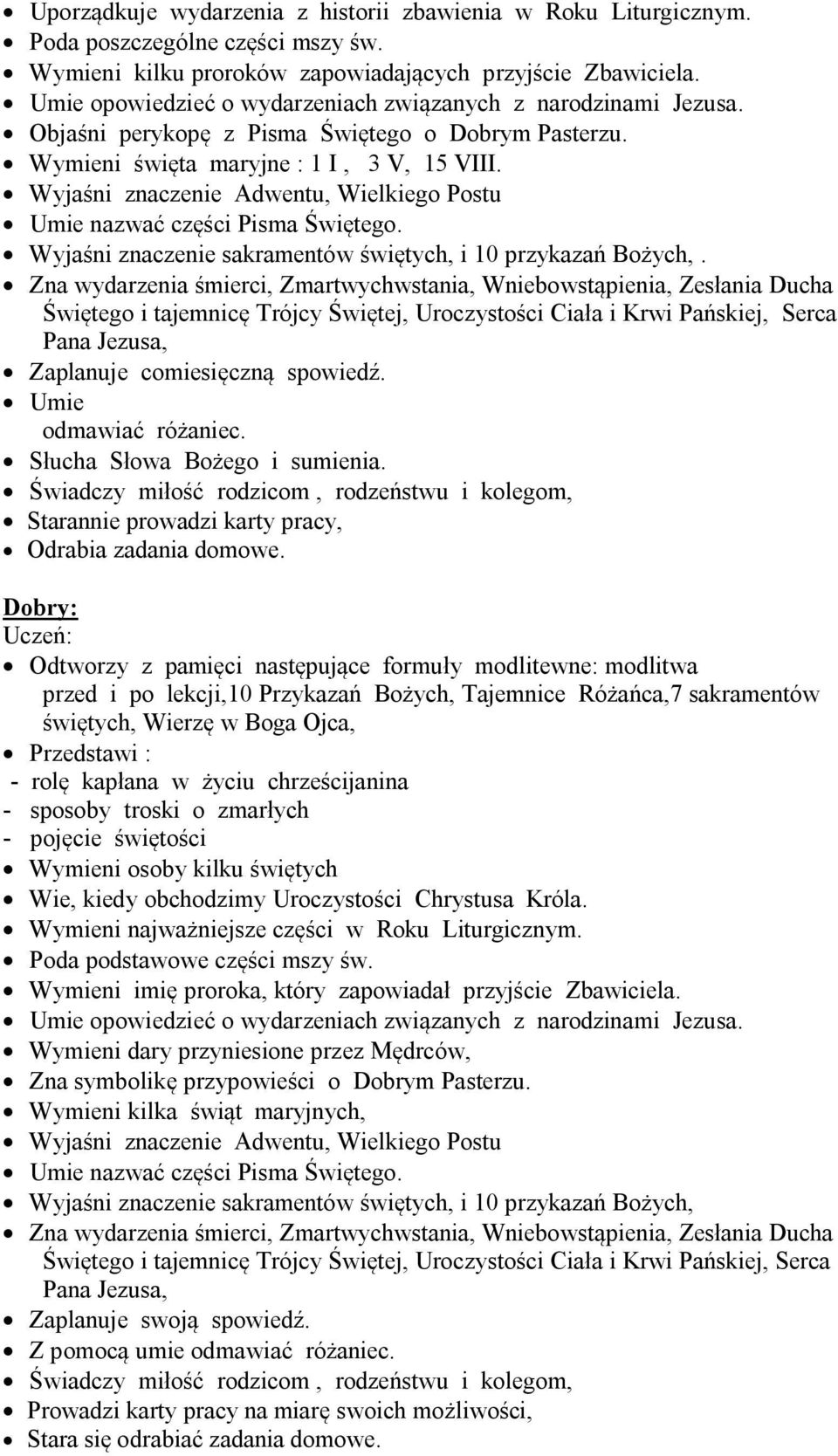 Wyjaśni znaczenie Adwentu, Wielkiego Postu Umie nazwać części Pisma Świętego. Wyjaśni znaczenie sakramentów świętych, i 10 przykazań Bożych,.