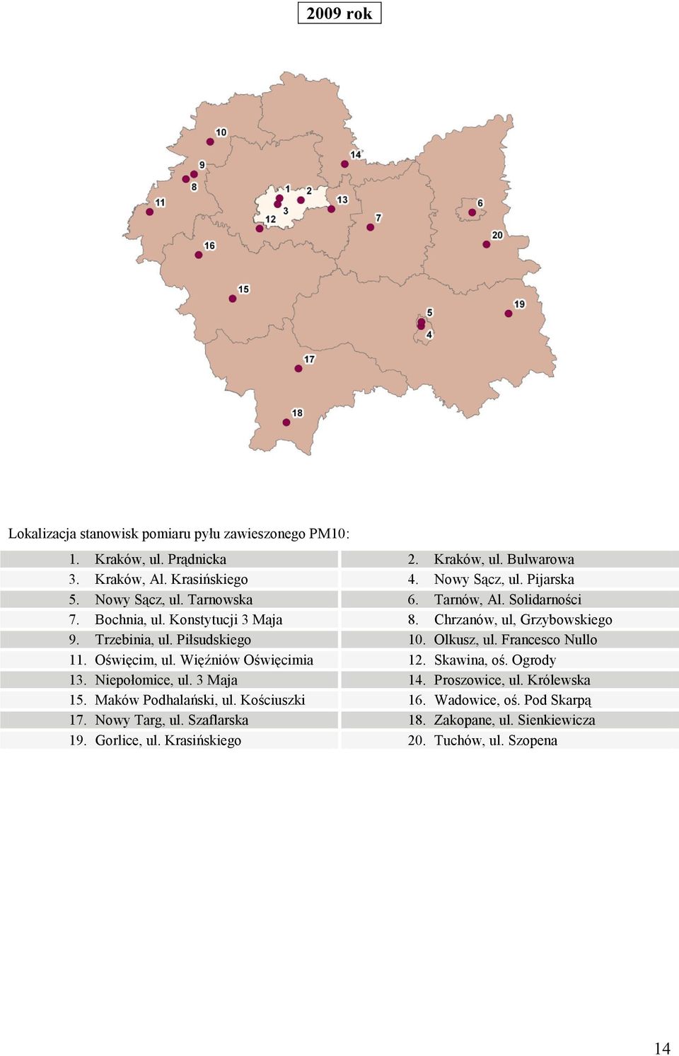 Olkusz, ul. Francesco Nullo 11. Oświęcim, ul. Więźniów Oświęcimia 12. Skawina, oś. Ogrody 13. Niepołomice, ul. 3 Maja 14. Proszowice, ul. Królewska 15.